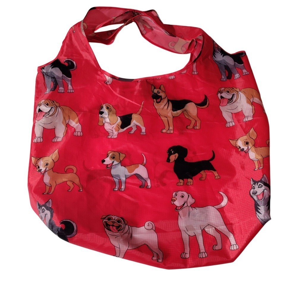BeeGreen  Reusable Nylon Shopping Tote Red Bag with Dogs All Over